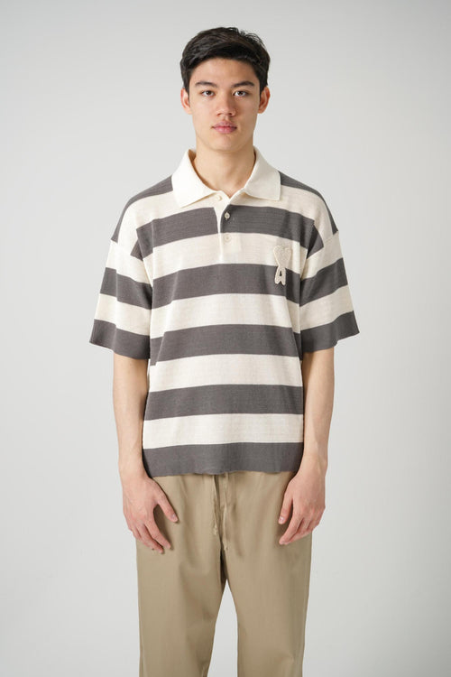 Ami Paris Knit  Striped Polo Beige