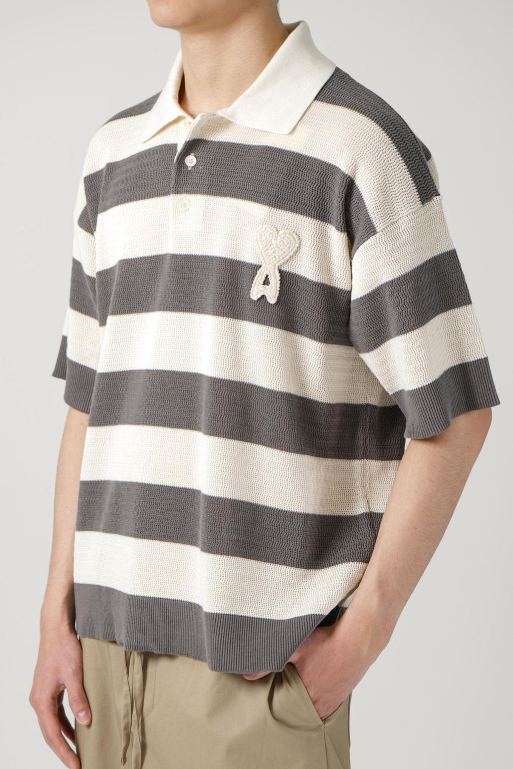 Ami Paris Knit  Striped Polo Beige