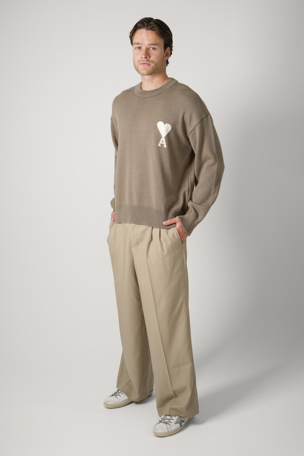 Ami Paris Knitted Heart Logo Crewneck Beige/Taupe