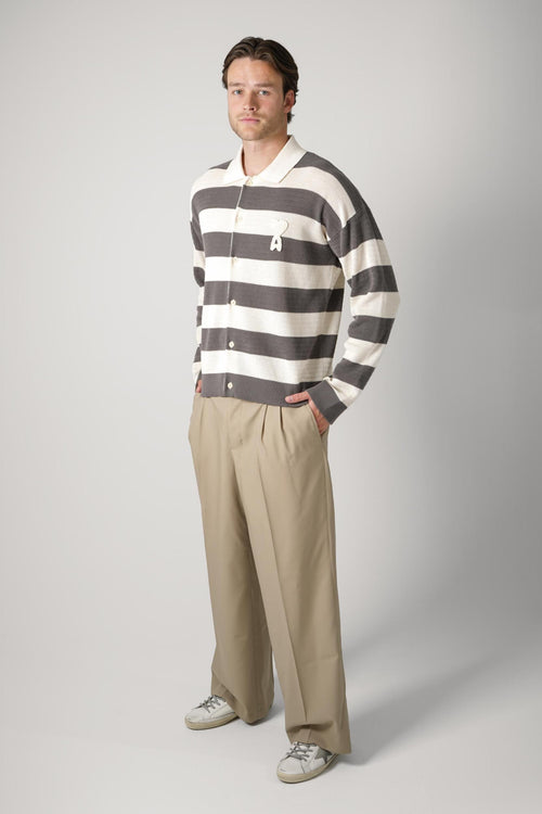 Ami Paris Knitted Longsleeve Polo Grey/Creme