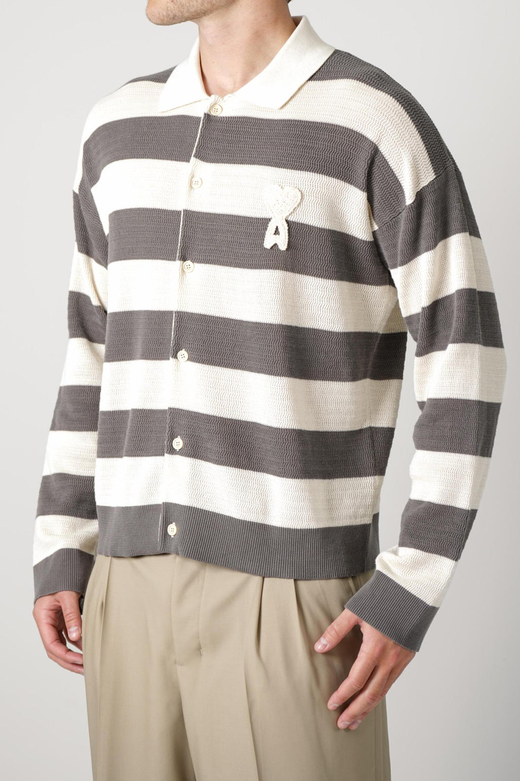 Ami Paris Knitted Longsleeve Polo Grey/Creme