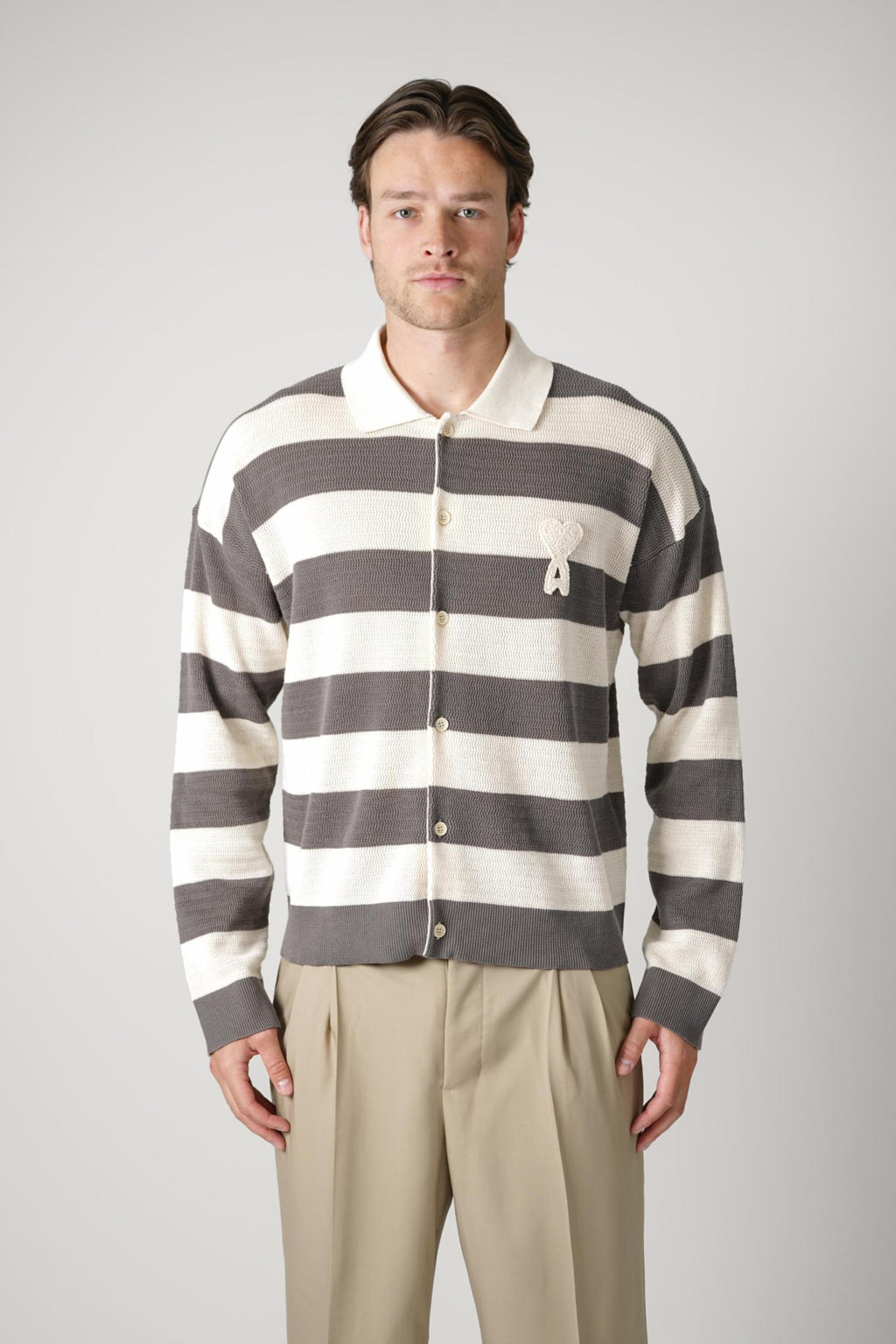 Ami Paris Knitted Longsleeve Polo Grey/Creme