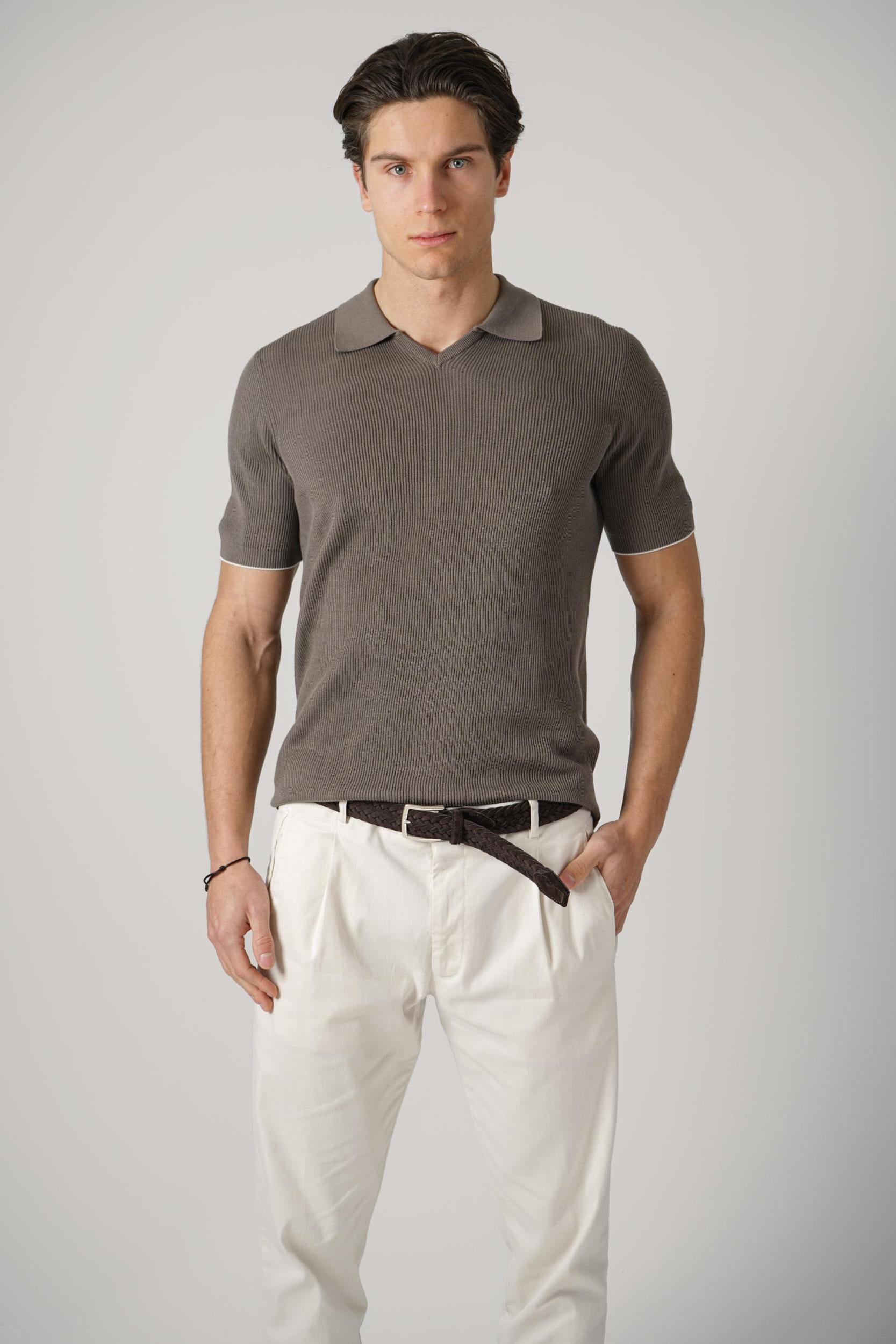 Brunello Cucinelli Cotton English Rib Knit Polo Taupe