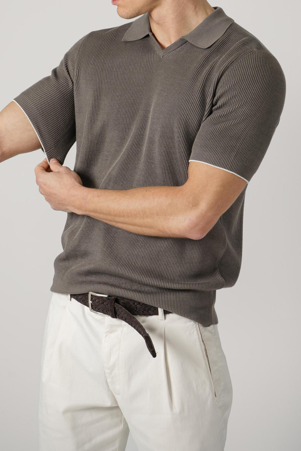 Brunello Cucinelli Cotton English Rib Knit Polo Taupe