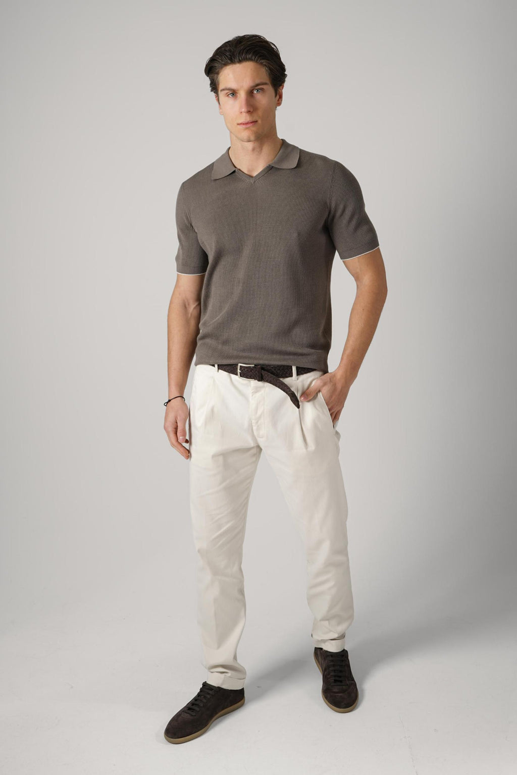 Brunello Cucinelli Cotton English Rib Knit Polo Taupe