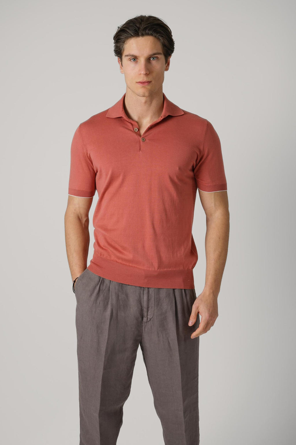 Brunello Cucinelli Lightweight Knit Polo Terracotta