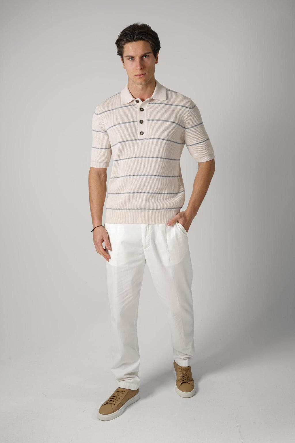Eleventy Knitted Polo Beige/Grey/White