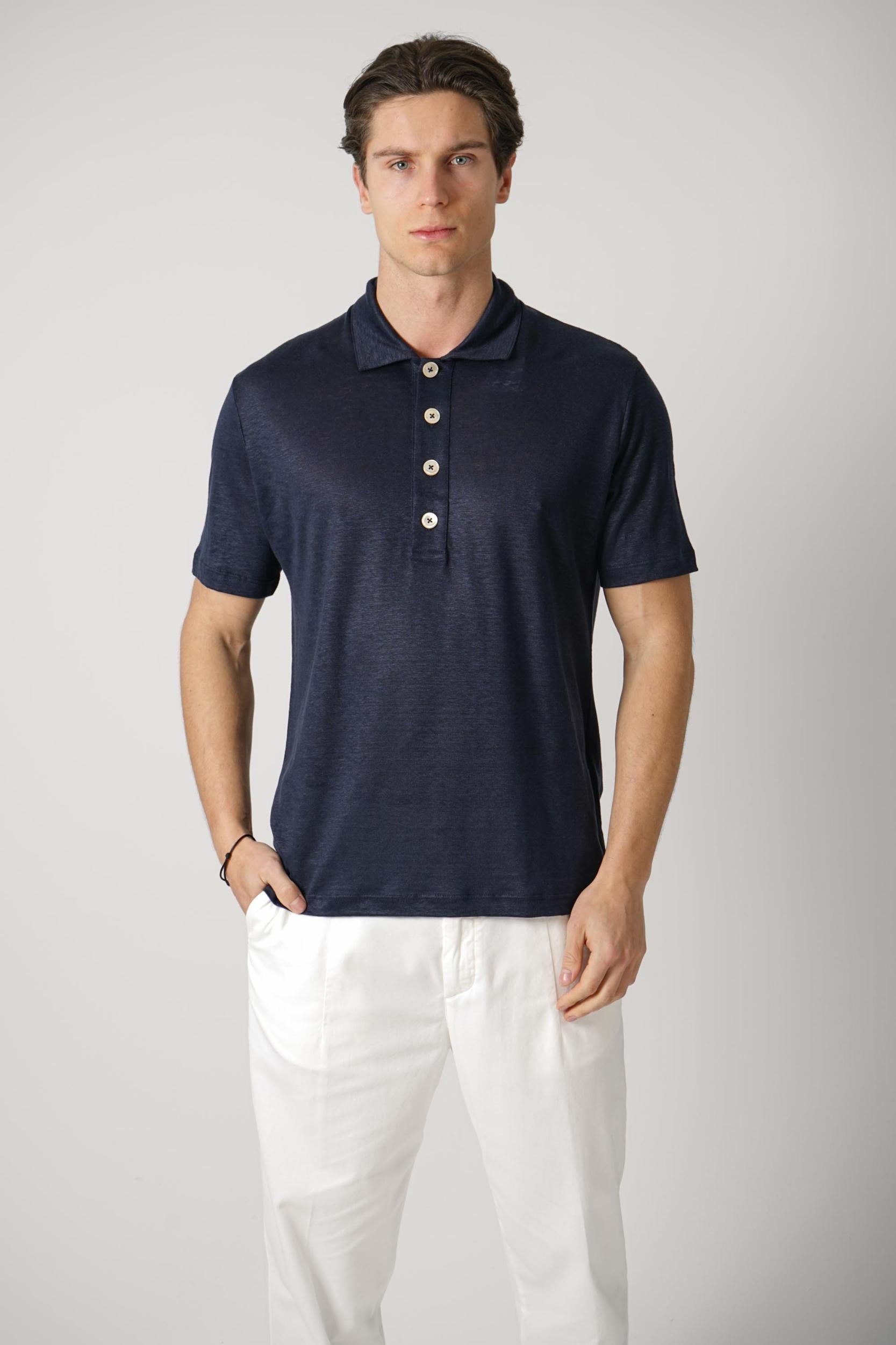 Eleventy Linen Polo Navy
