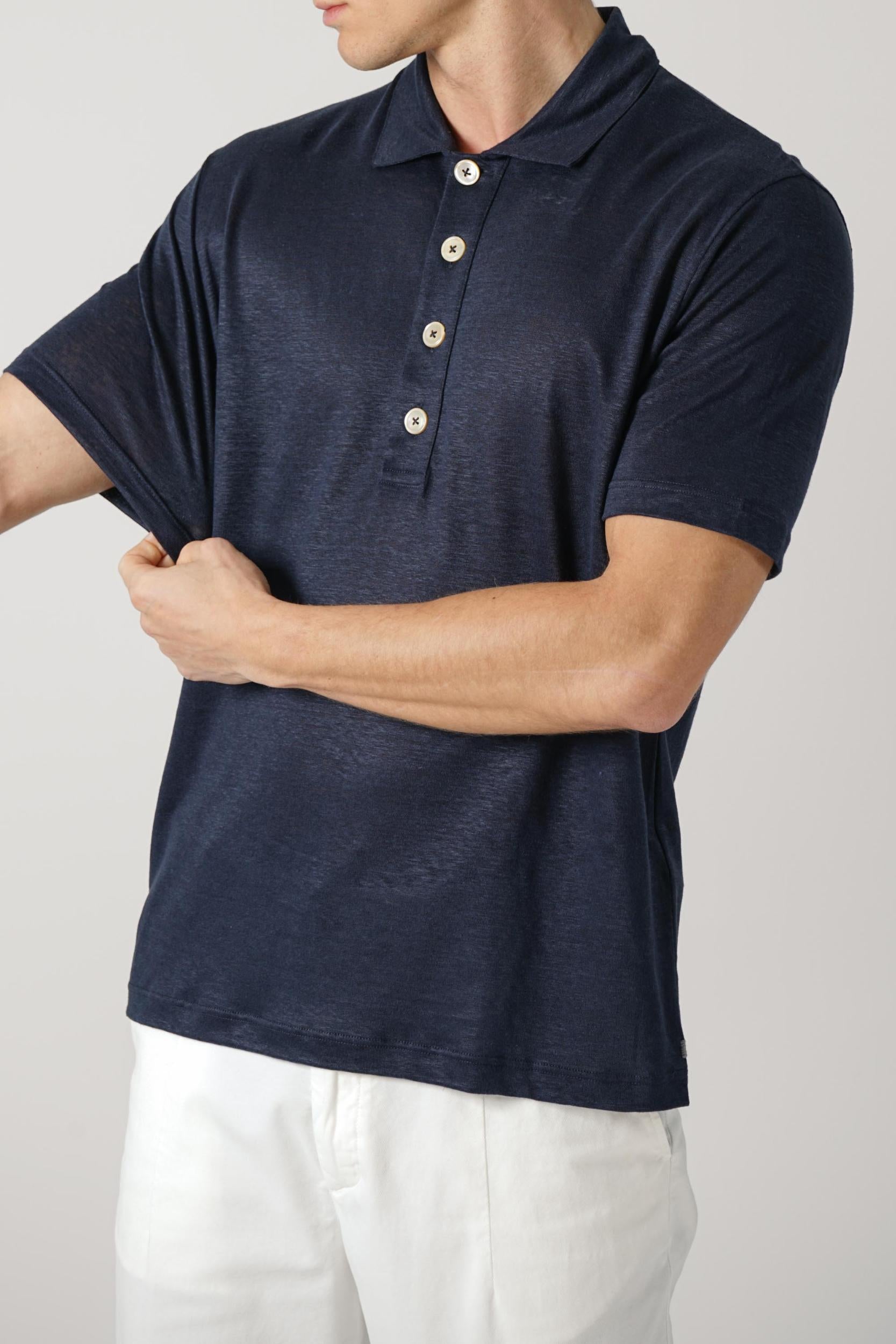 Eleventy Linen Polo Navy