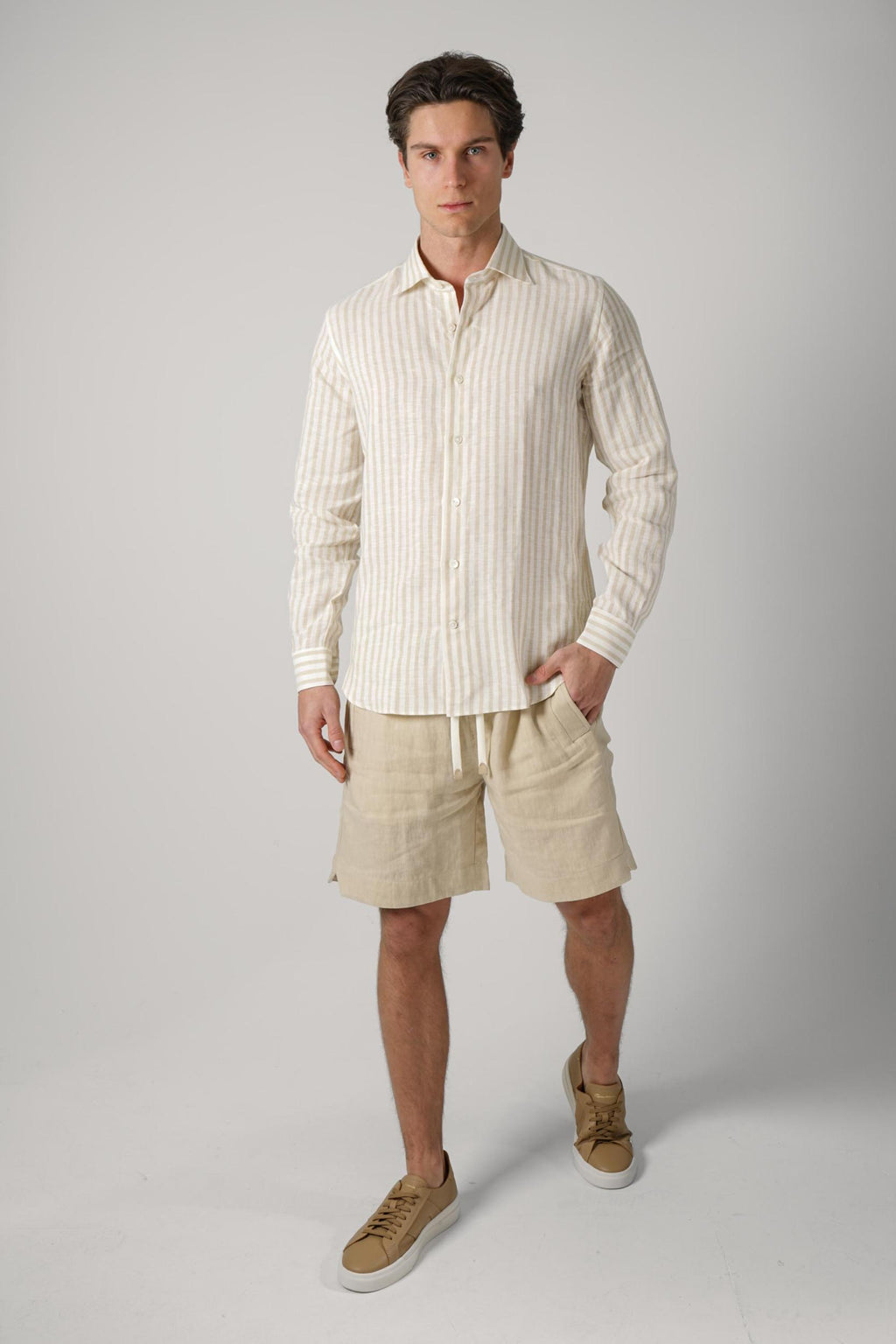 Eleventy Linen Striped Overshirt Beige