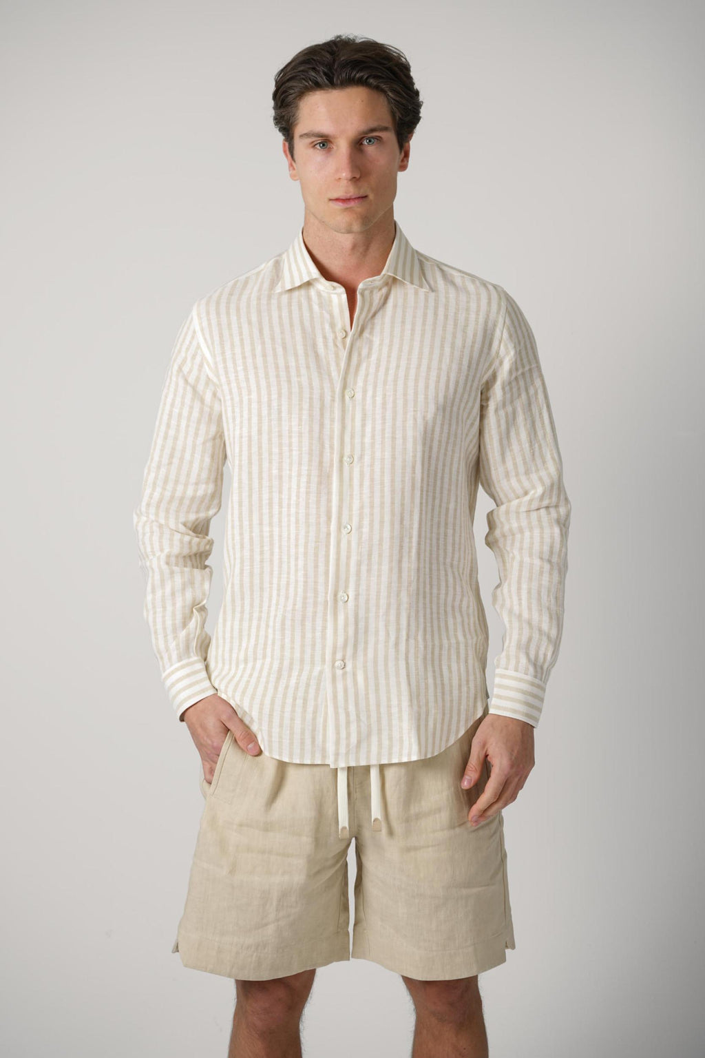 Eleventy Linen Striped Overshirt Beige
