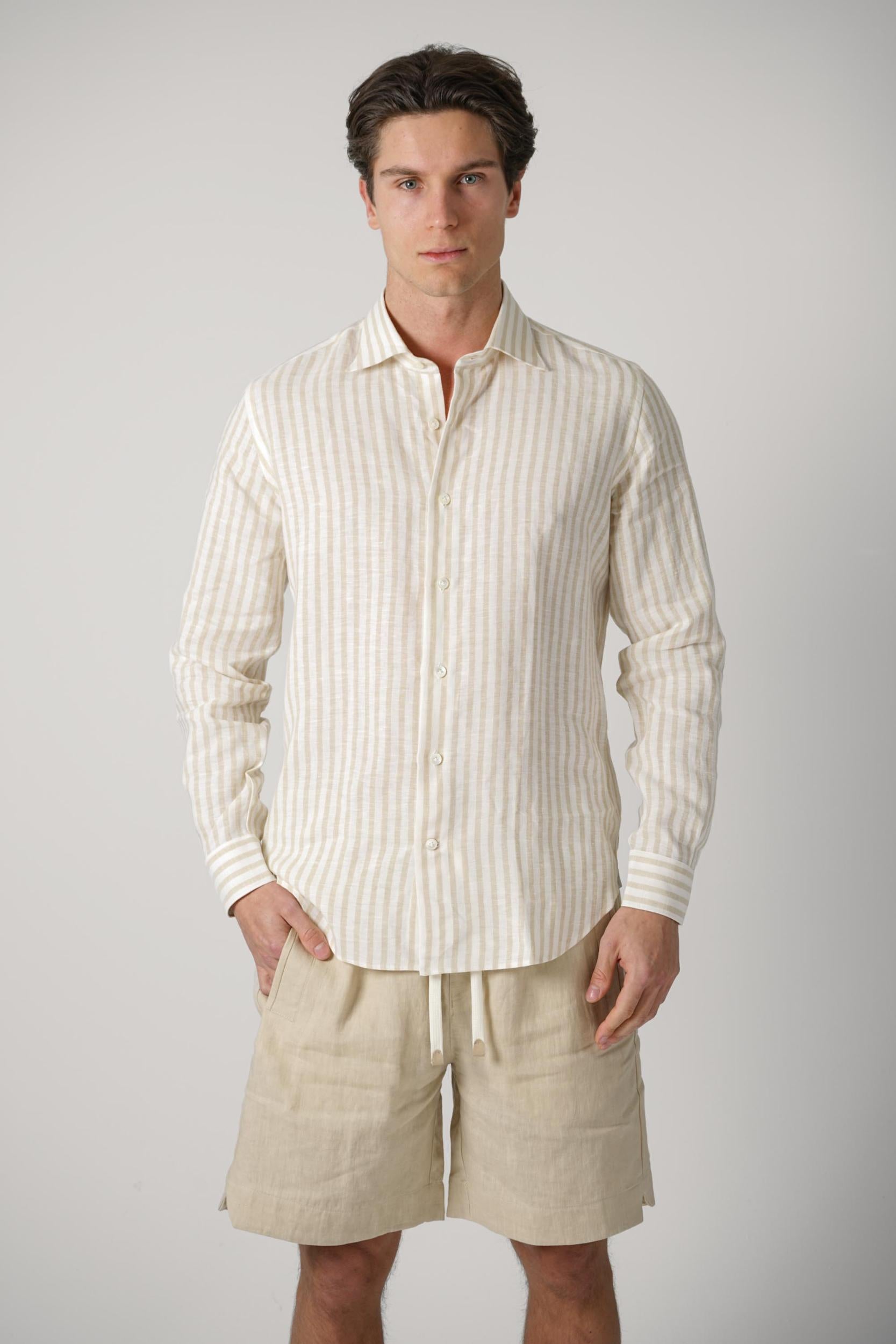 Eleventy Linen Striped Overshirt Beige