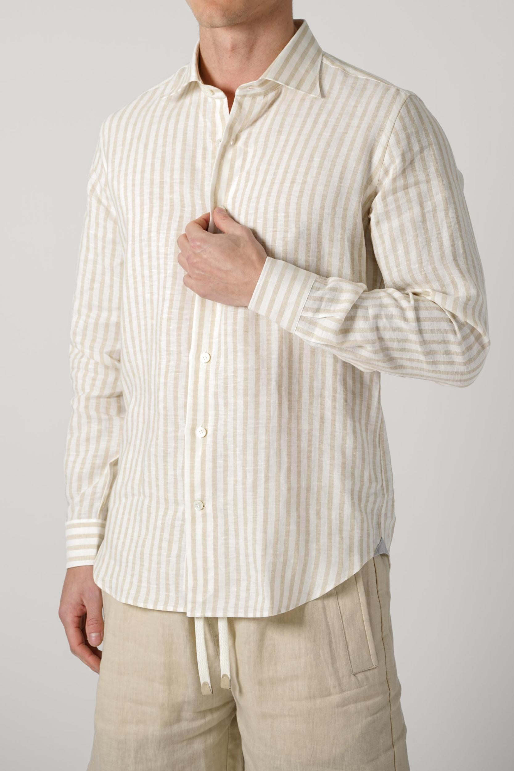 Eleventy Linen Striped Overshirt Beige