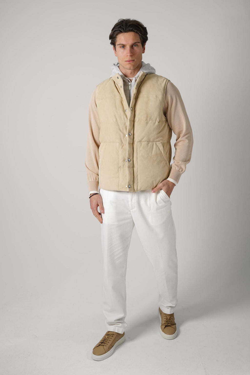 Eleventy Suede Silk Vest Sand/Light Grey