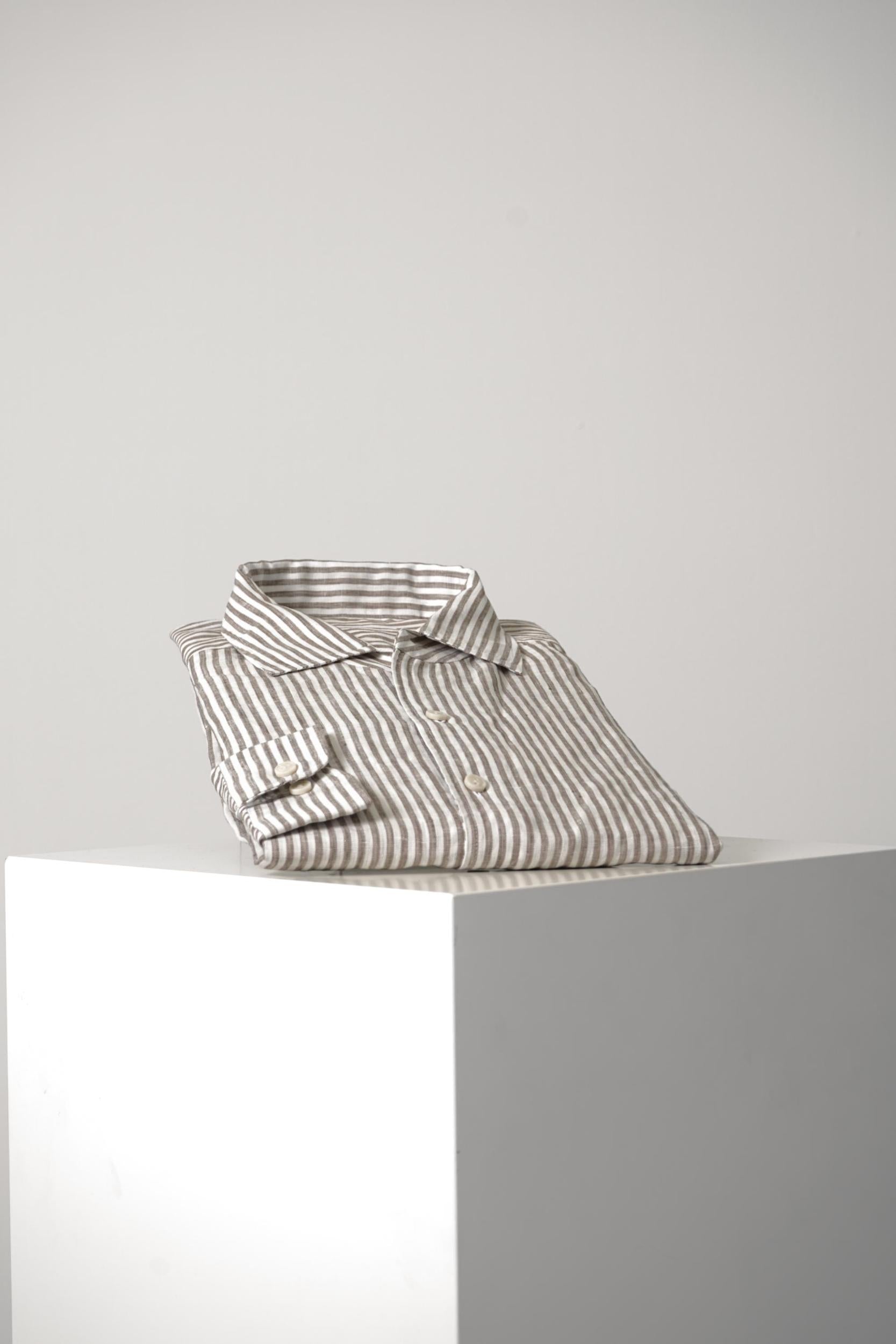 Eton X-Large Washed Linen Striped Shirt Beige
