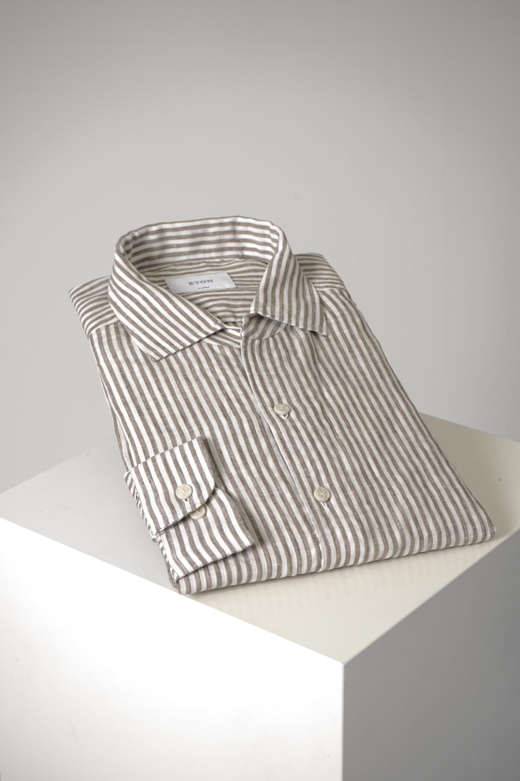 Eton X-Large Washed Linen Striped Shirt Beige