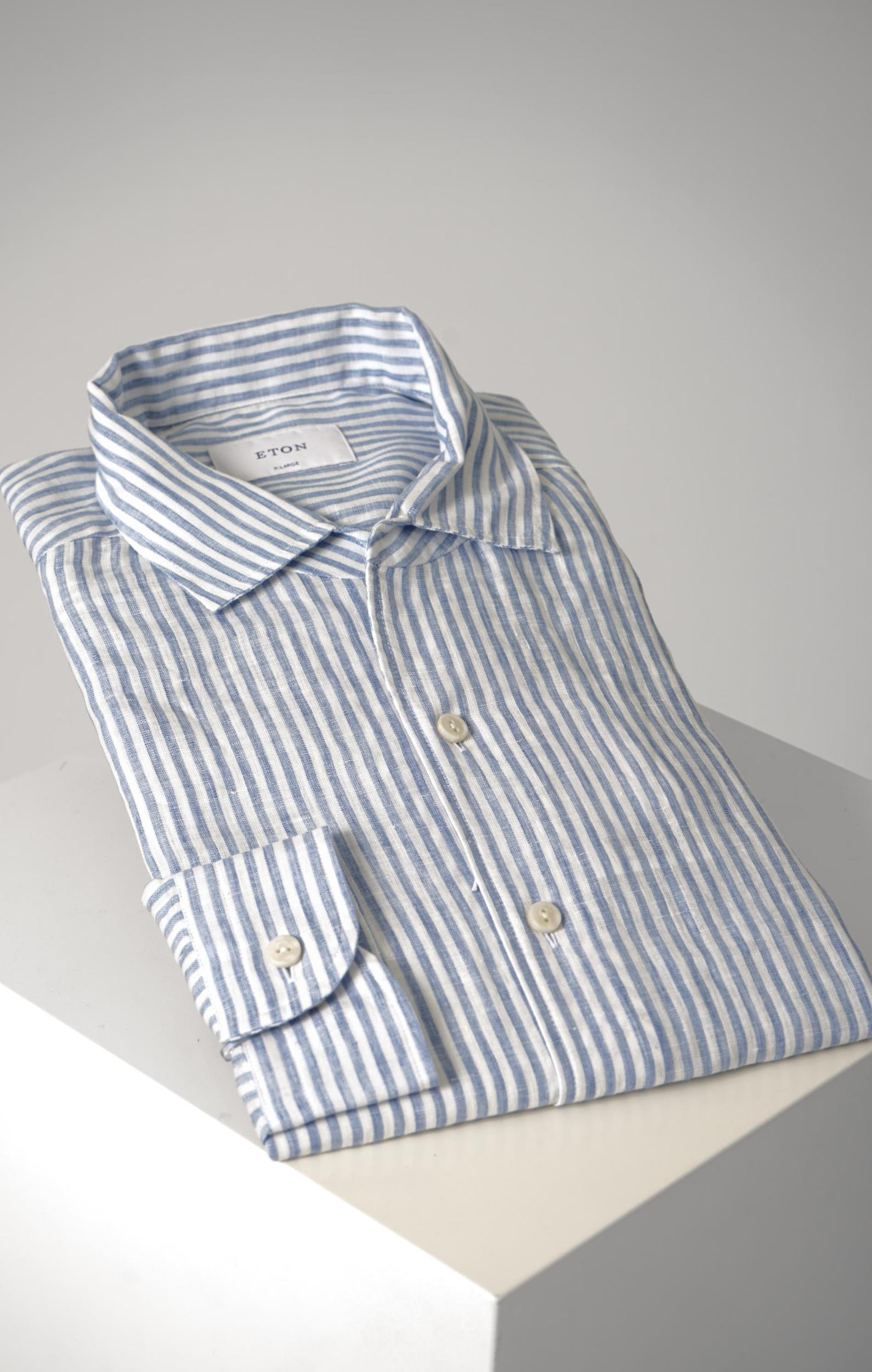 Eton X-Large Washed Linen Striped Shirt Blue