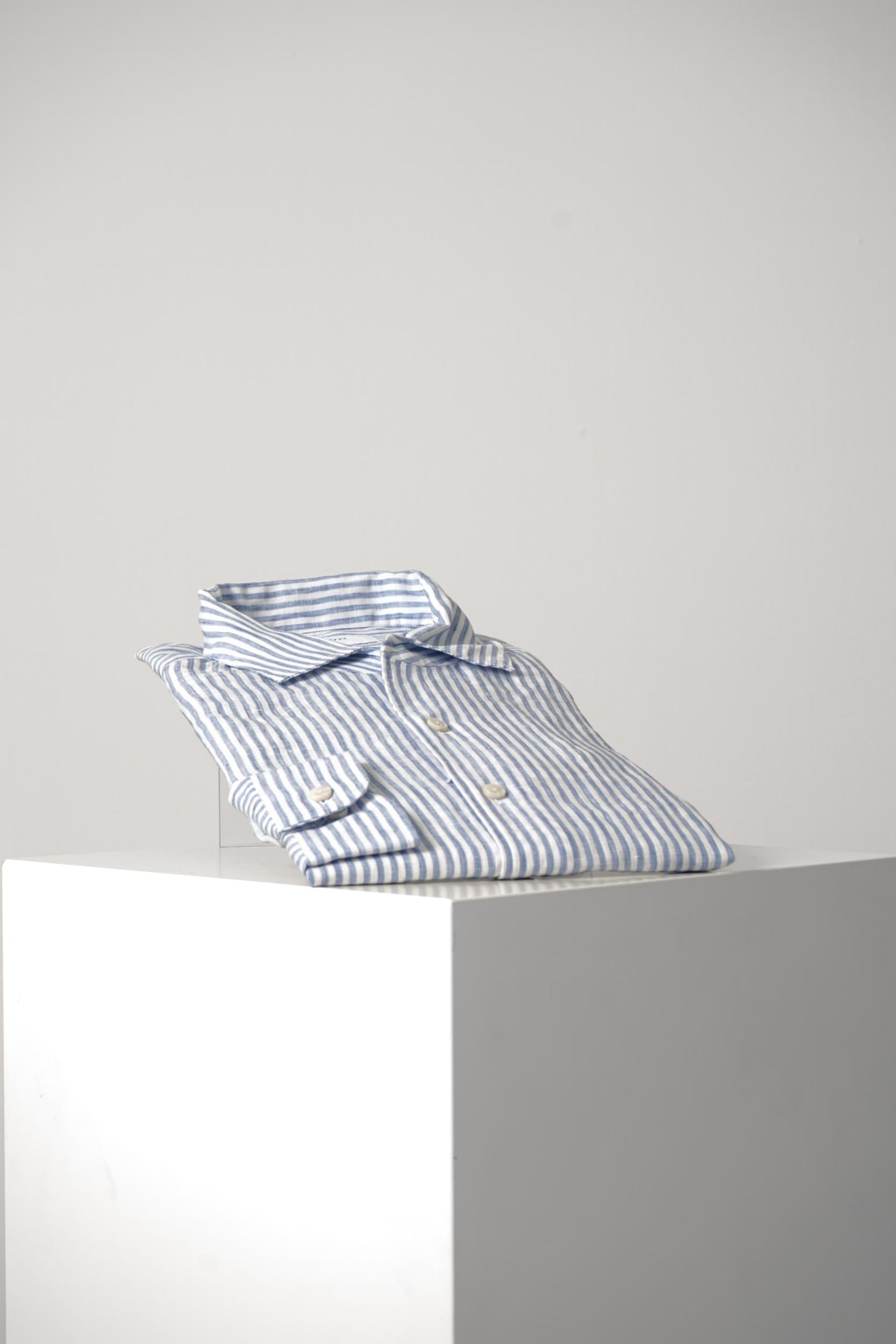 Eton X-Large Washed Linen Striped Shirt Blue