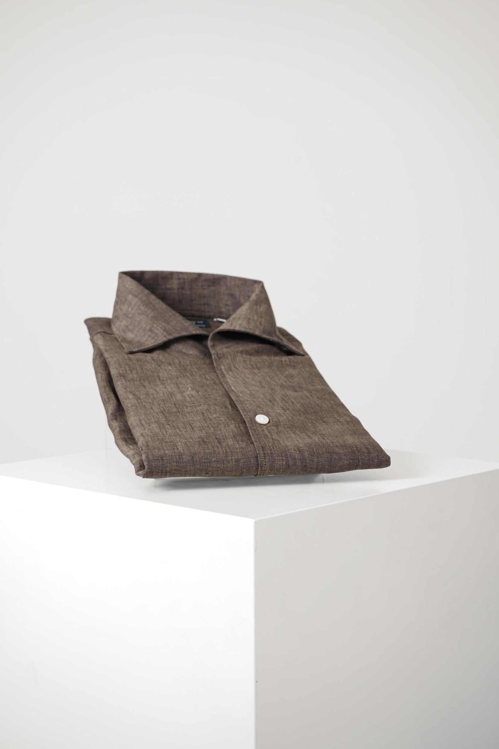 Finamore 1925 Napoli Open Collar Linen Shirt Brown