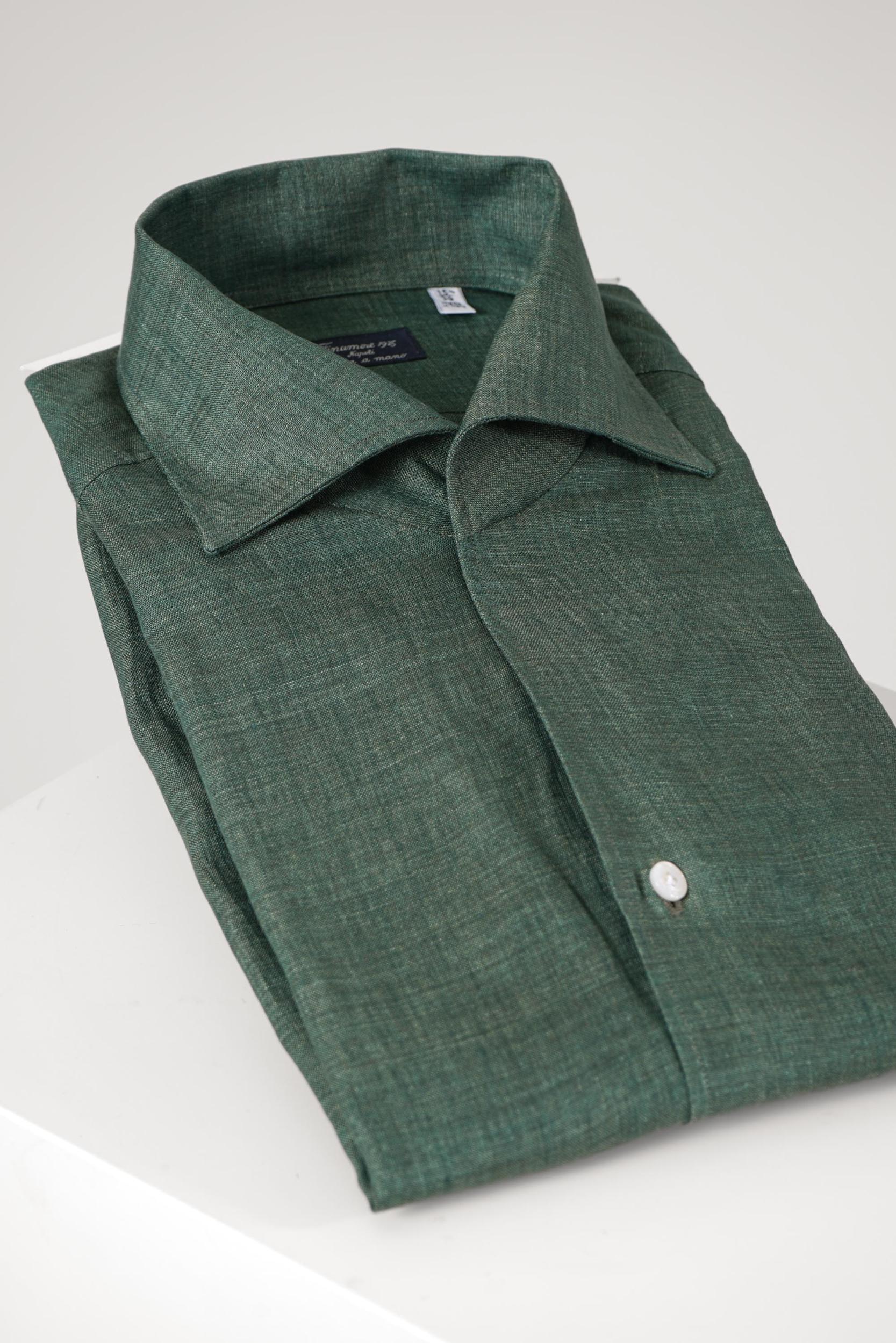 Finamore 1925 Napoli Open Collar Linen Shirt Green