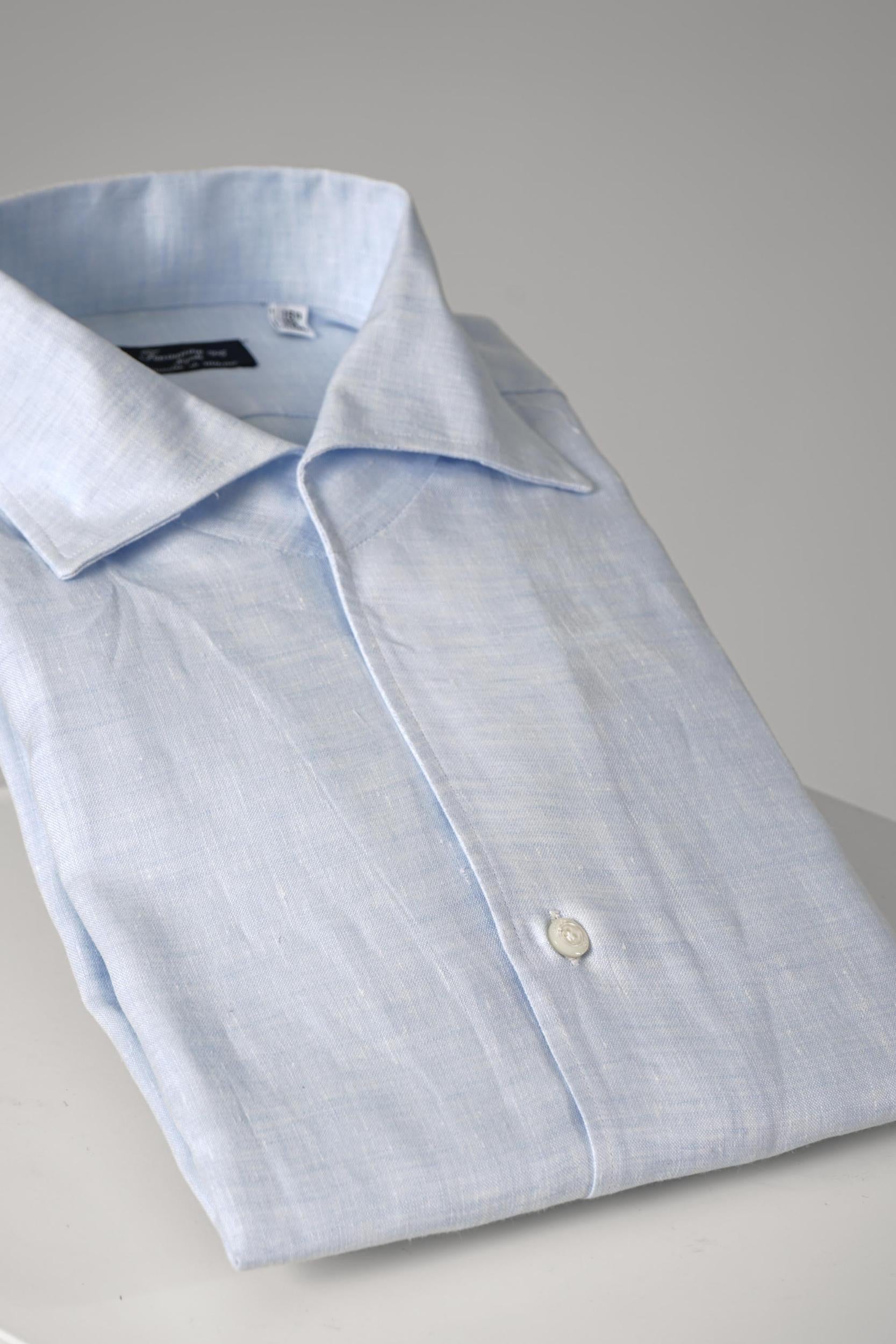 Finamore 1925 Napoli Open Collar Linen Shirt Light Blue