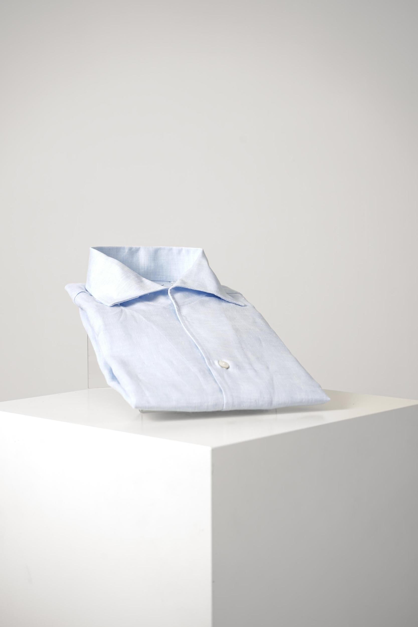 Finamore 1925 Napoli Open Collar Linen Shirt Light Blue