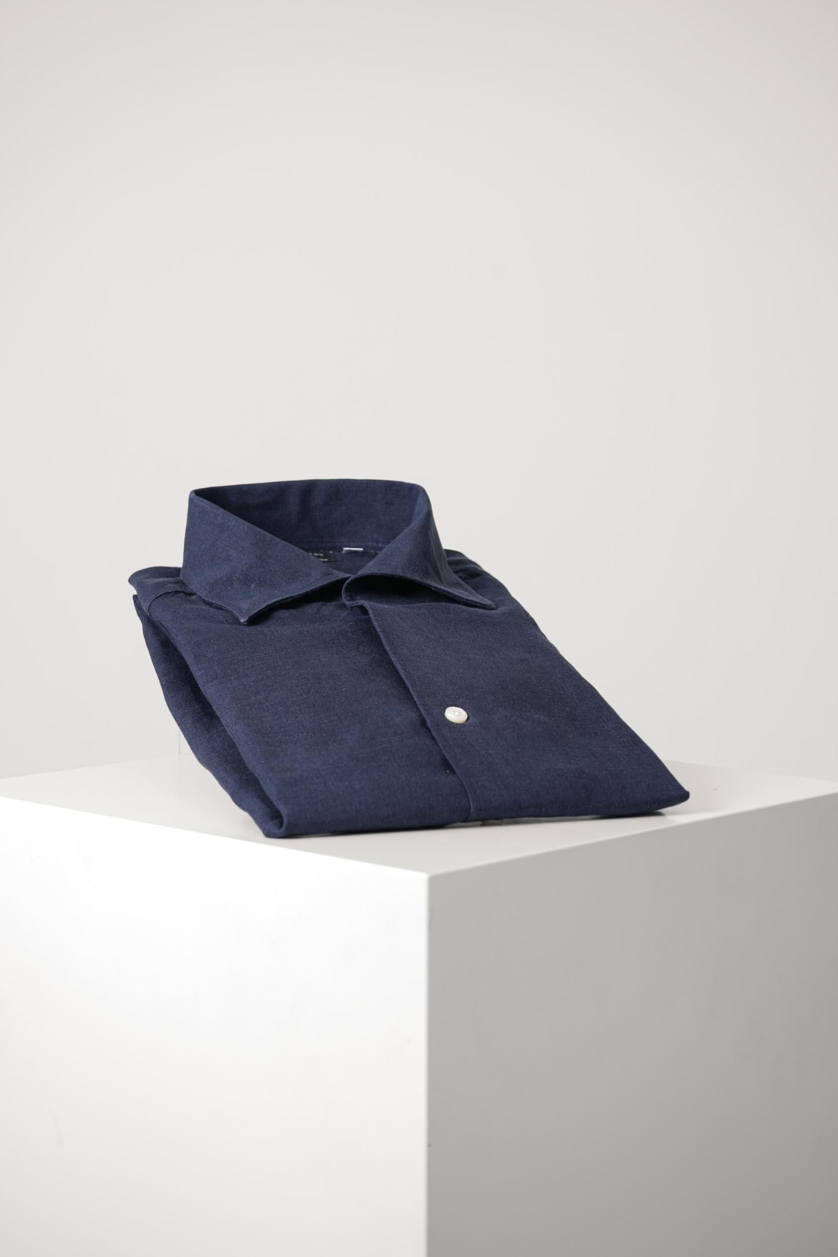 Finamore 1925 Napoli Open Collar Linen Shirt Navy