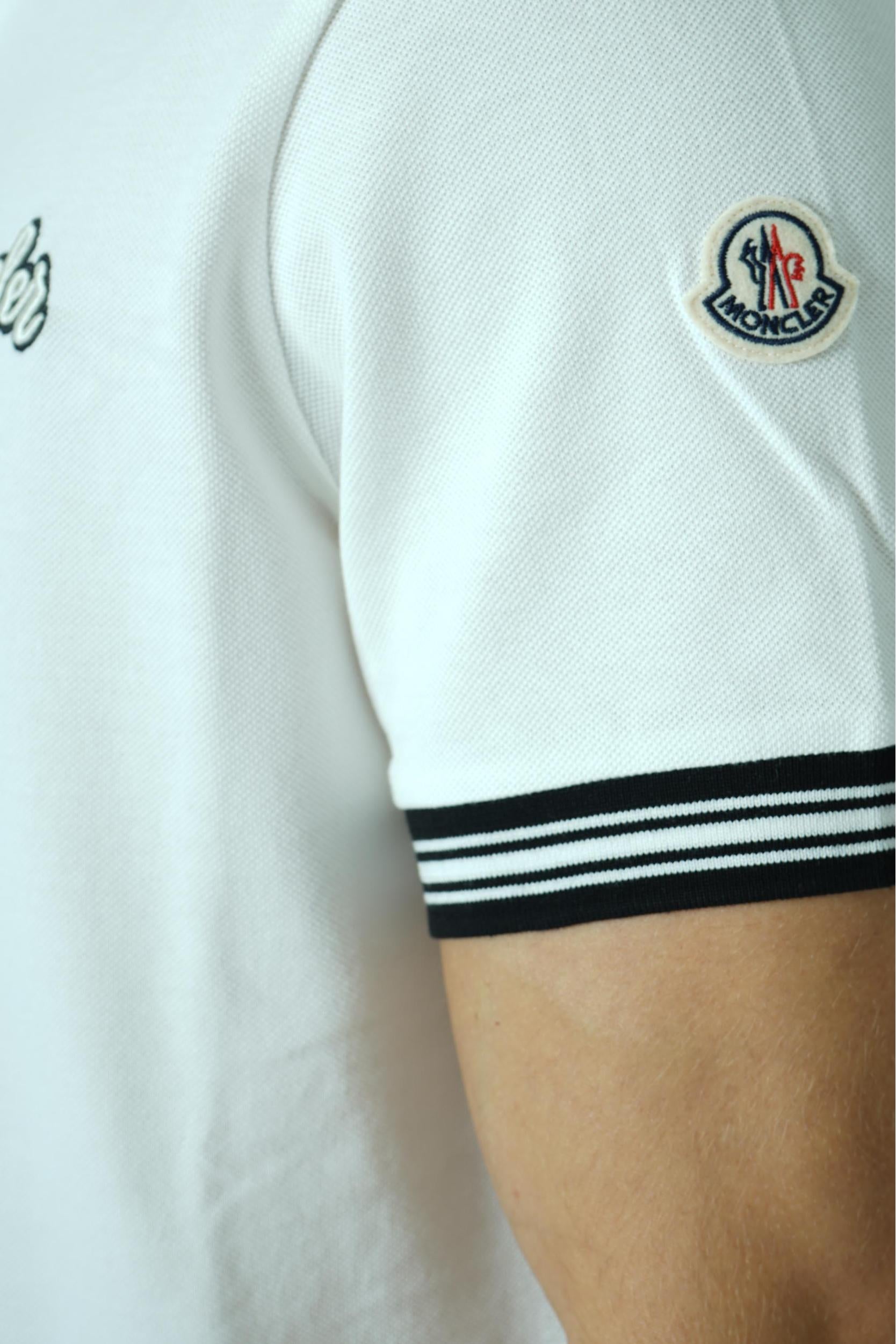 Moncler Striped Embroidered Logo Polo White