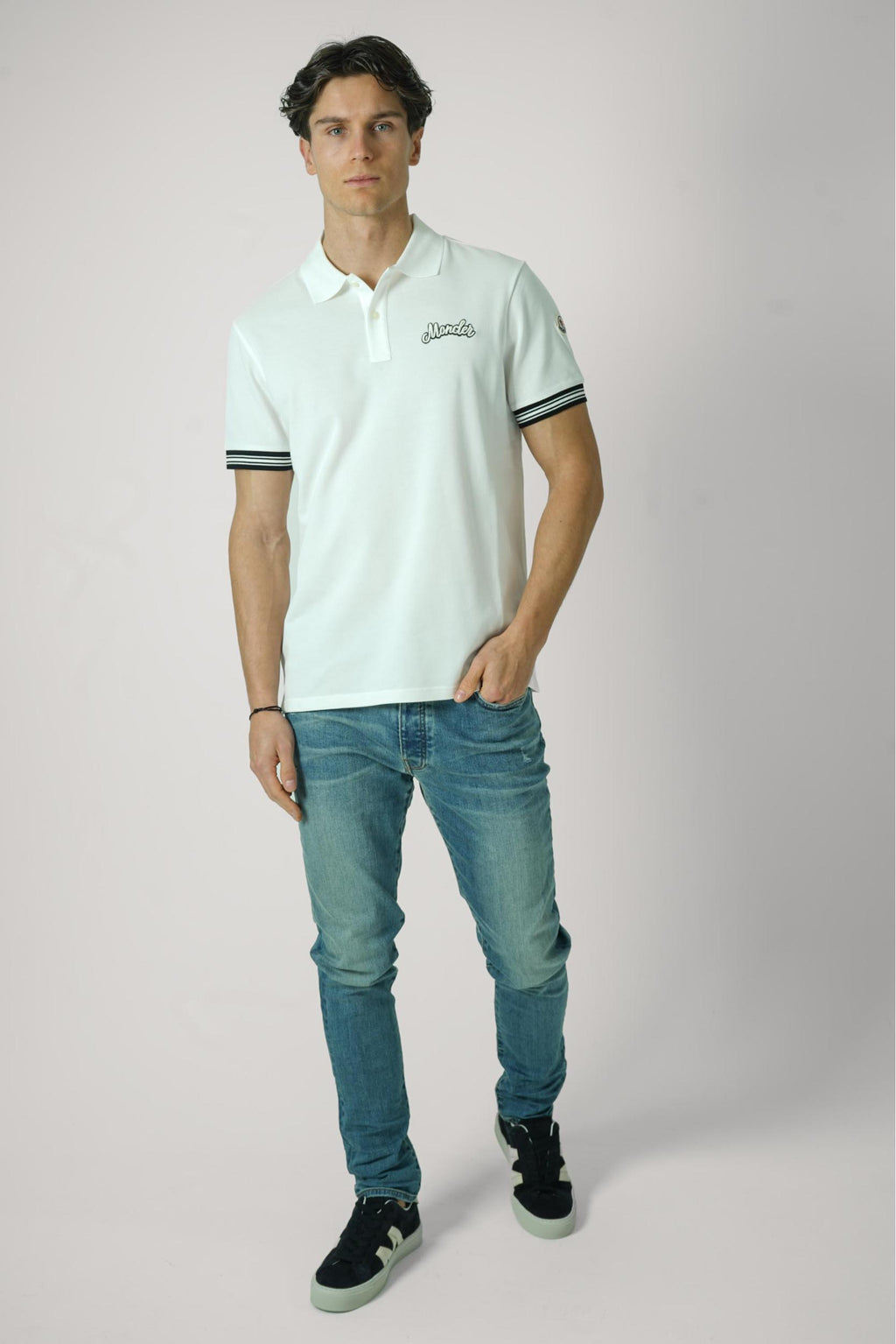 Moncler Striped Embroidered Logo Polo White