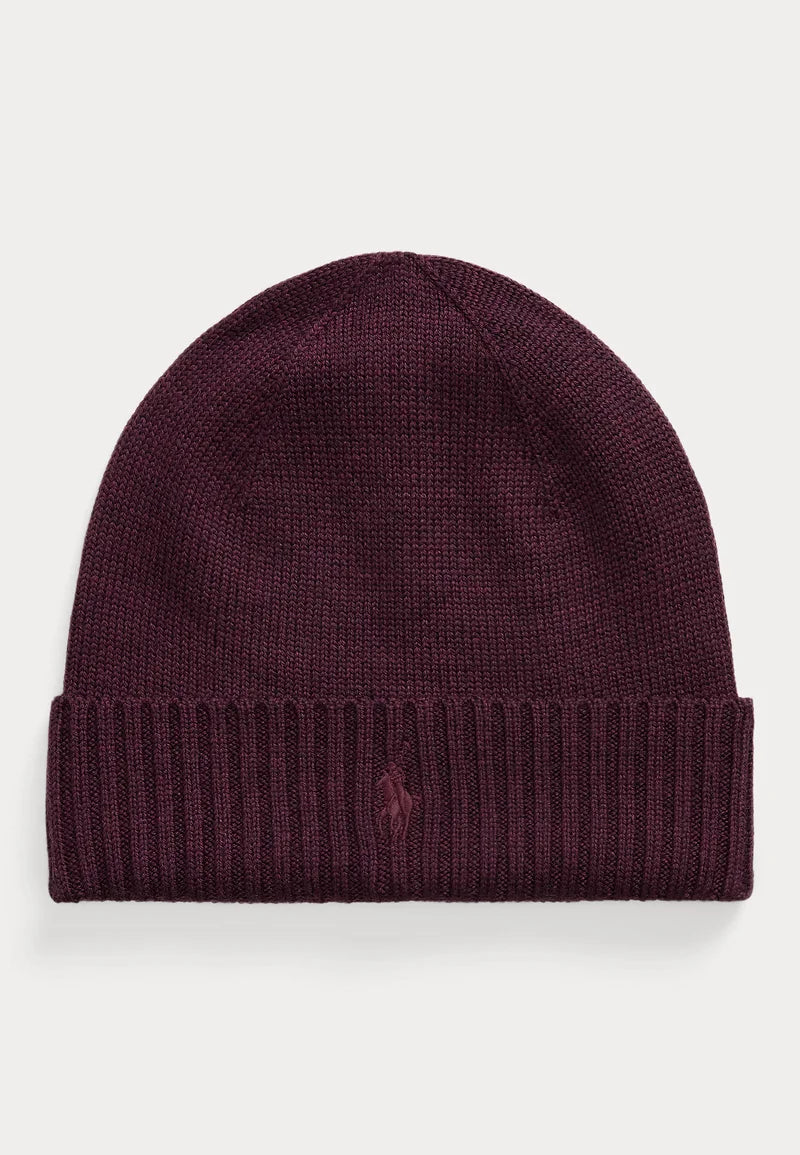 Ralph Lauren Signature Pony Wool Beanie – Merlot Wine Heather