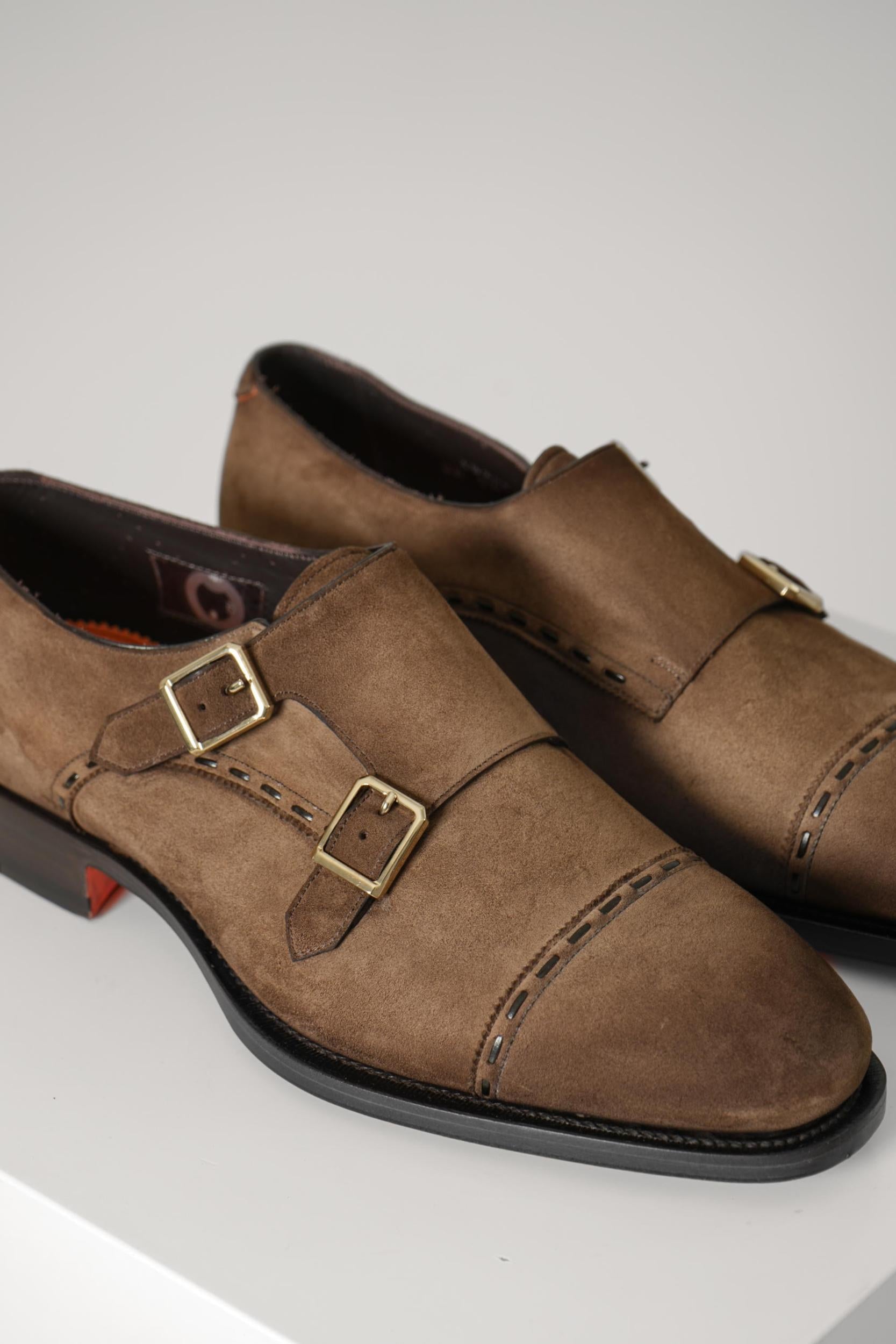 Santoni Archie Double-Buckle Suede Shoe Brown