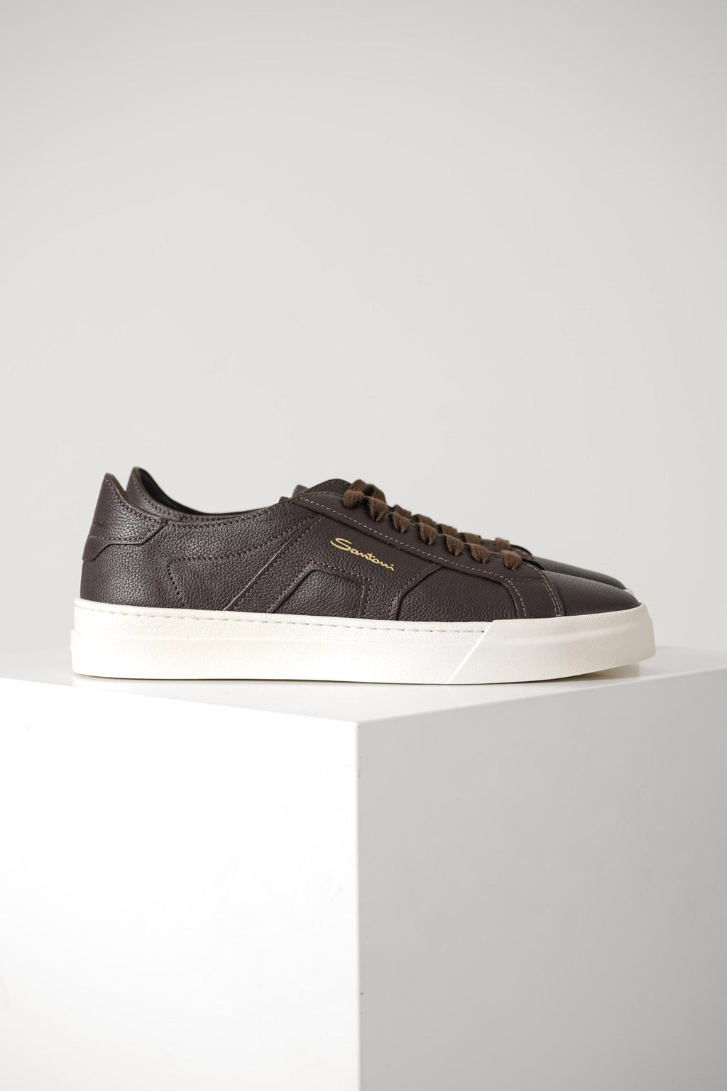 Santoni Tumbled Leather Double Buckle Sneaker Dark Brown