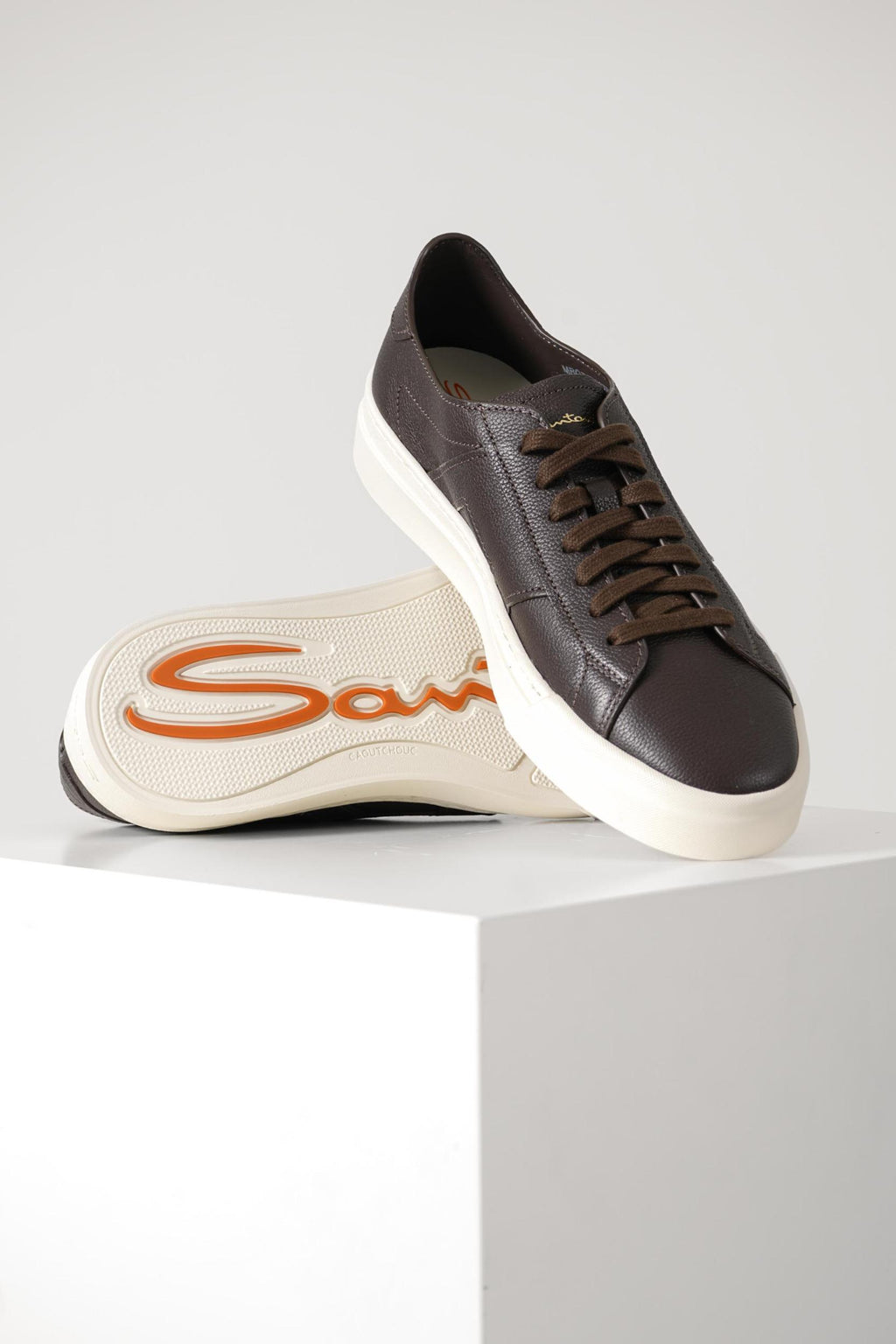 Santoni Tumbled Leather Double Buckle Sneaker Dark Brown