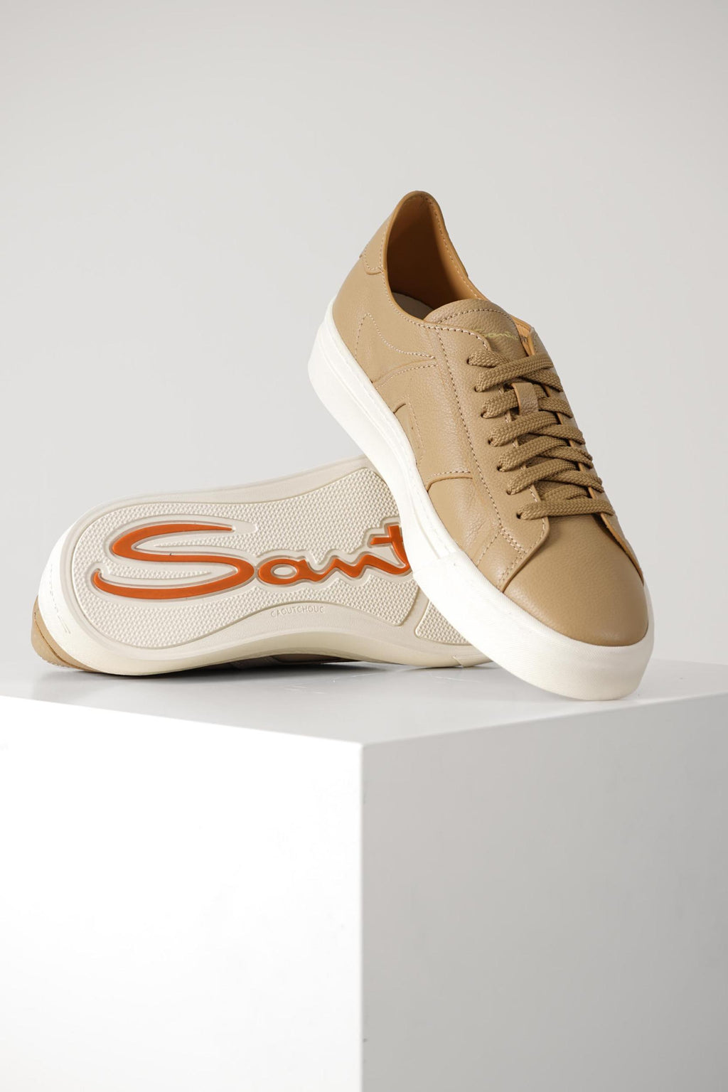 Santoni Tumbled Leather Double Buckle Sneaker Light Brown
