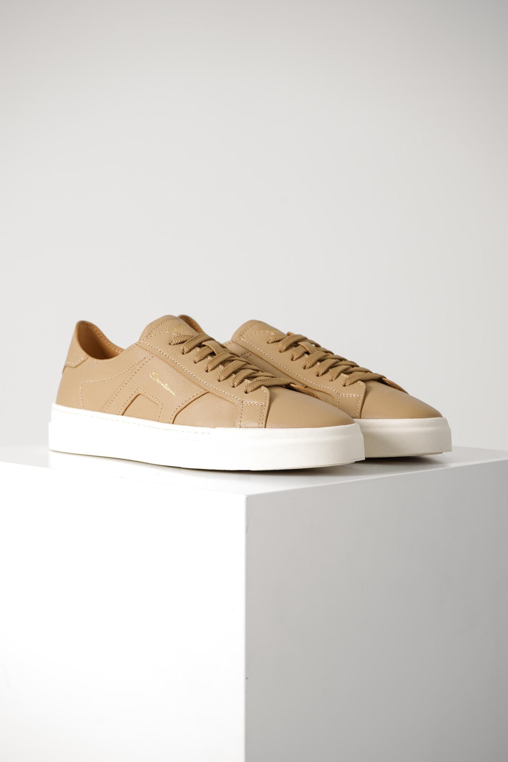 Santoni Tumbled Leather Double Buckle Sneaker Light Brown