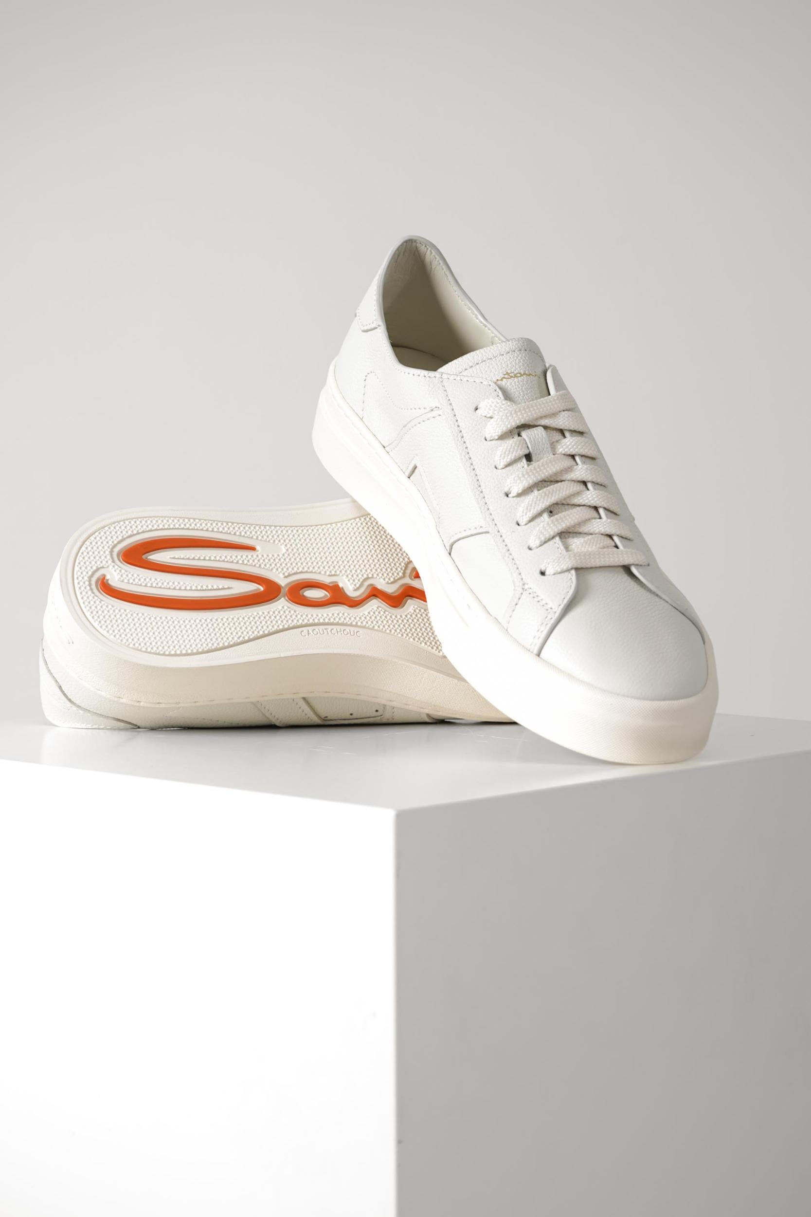 Santoni Tumbled Leather Double Buckle Sneaker White
