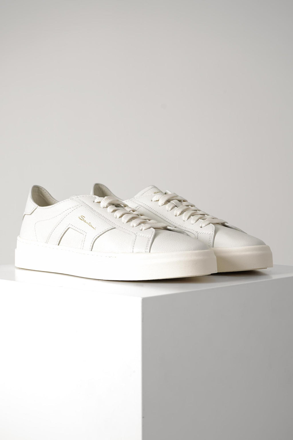 Santoni Tumbled Leather Double Buckle Sneaker White