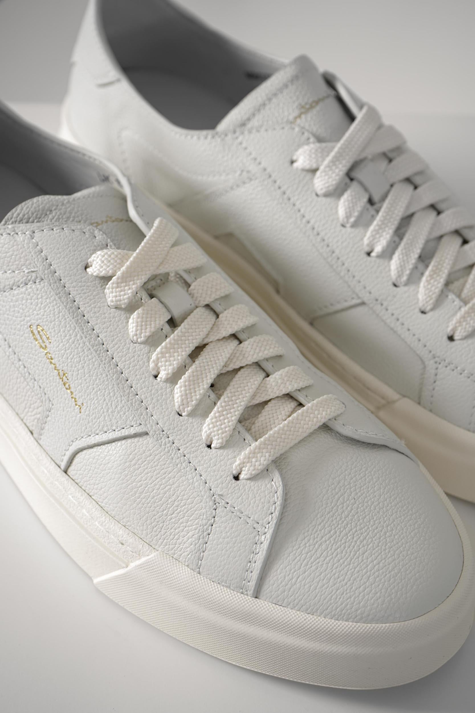 Santoni Tumbled Leather Double Buckle Sneaker White
