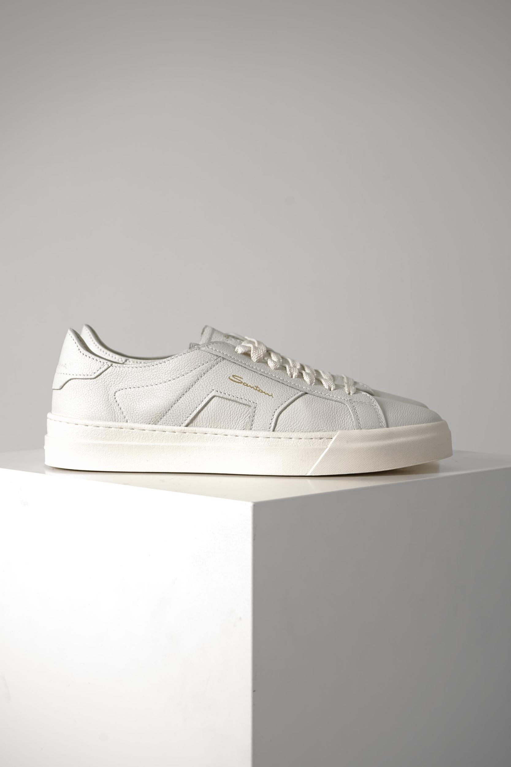 Santoni Tumbled Leather Double Buckle Sneaker White