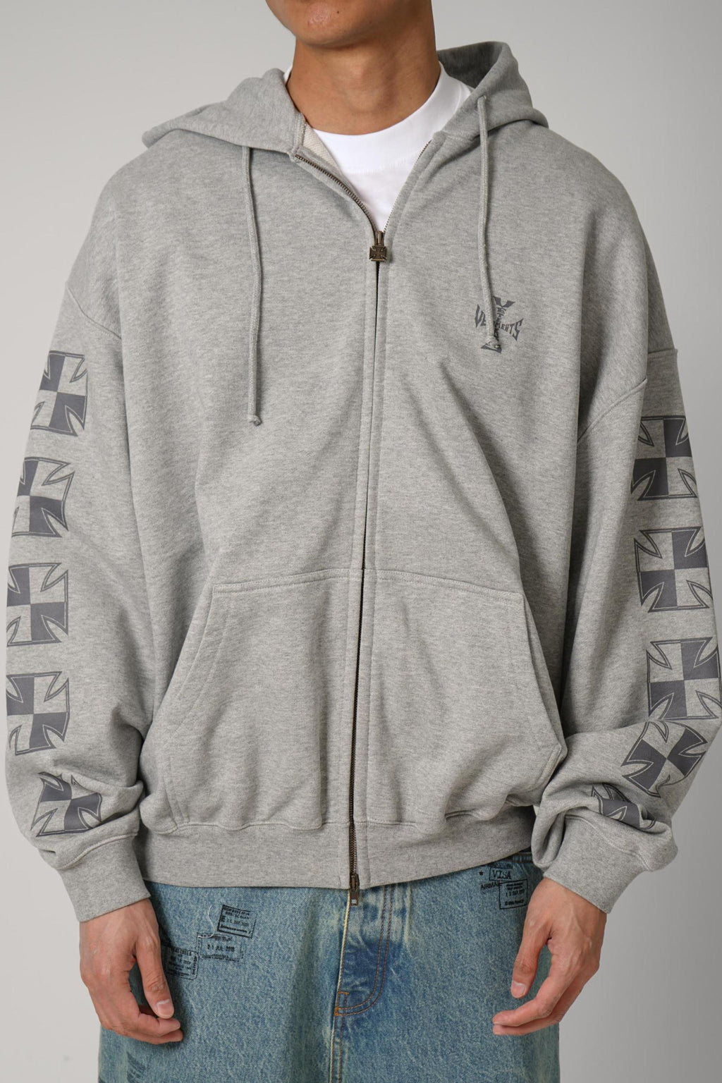 Vetements Biker Cross Sleeves Zip-Up Hoodie Grey