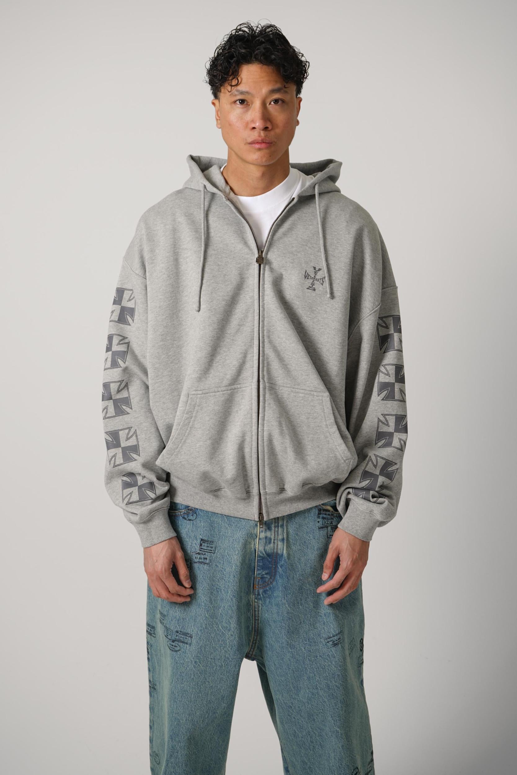 Vetements Biker Cross Sleeves Zip-Up Hoodie Grey
