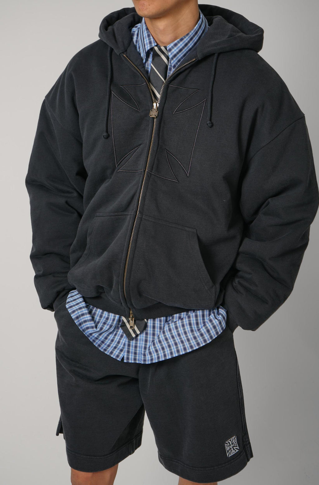 Vetements Black Embroidered Cross Padded Zip-Up Hoodie Black