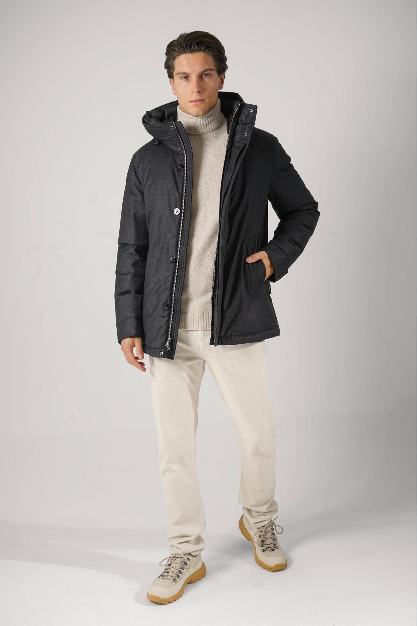 Woolrich Wool Silk Short Parka Graphite Melange