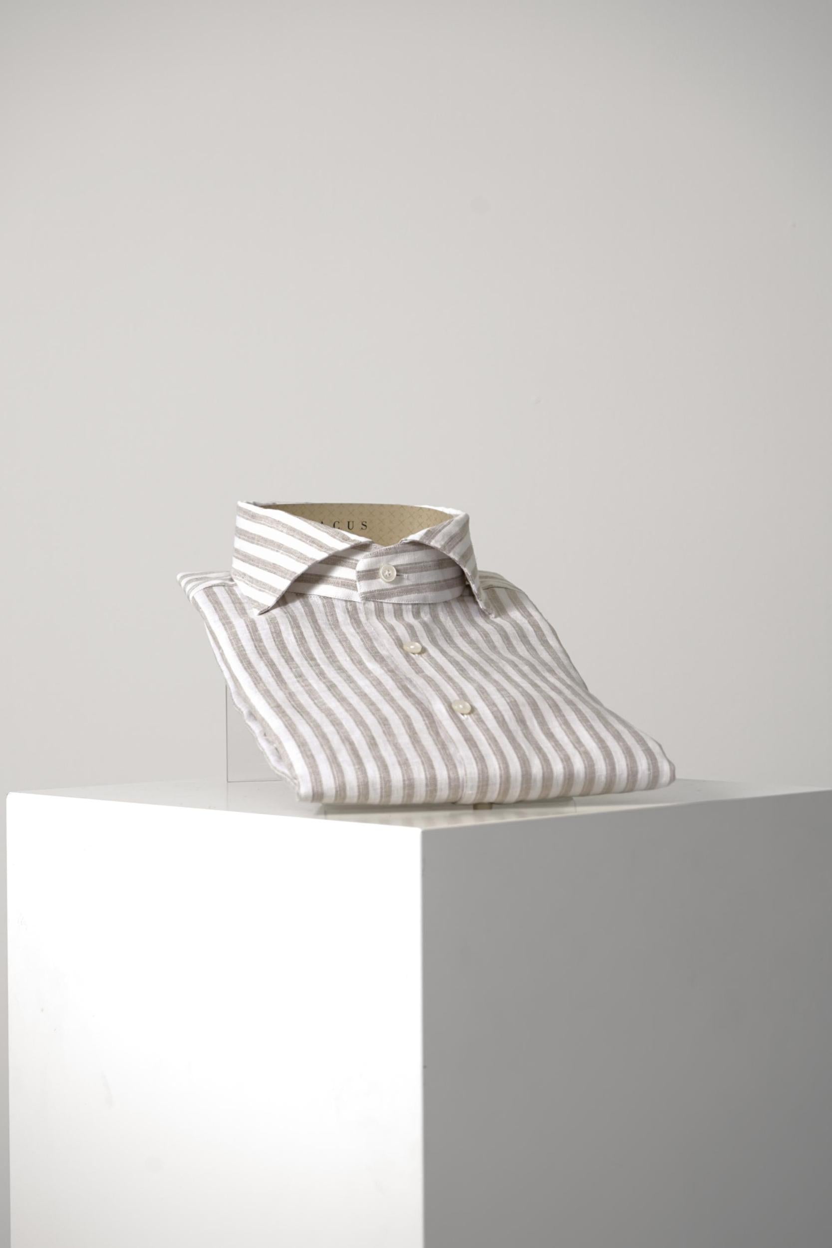 Xacus Tailor Fit Washed Striped Linen Shirt Beige