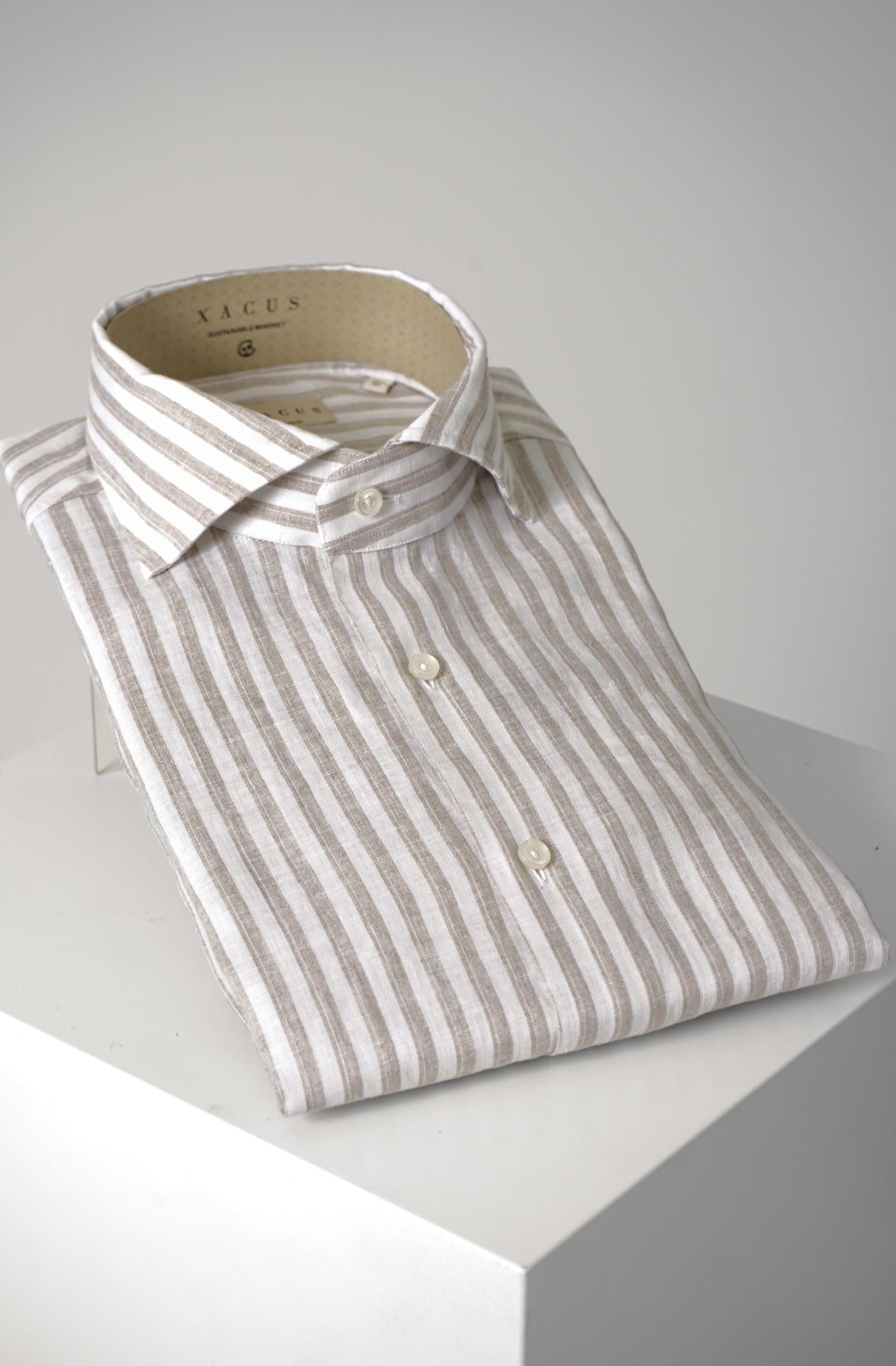 Xacus Tailor Fit Washed Striped Linen Shirt Beige
