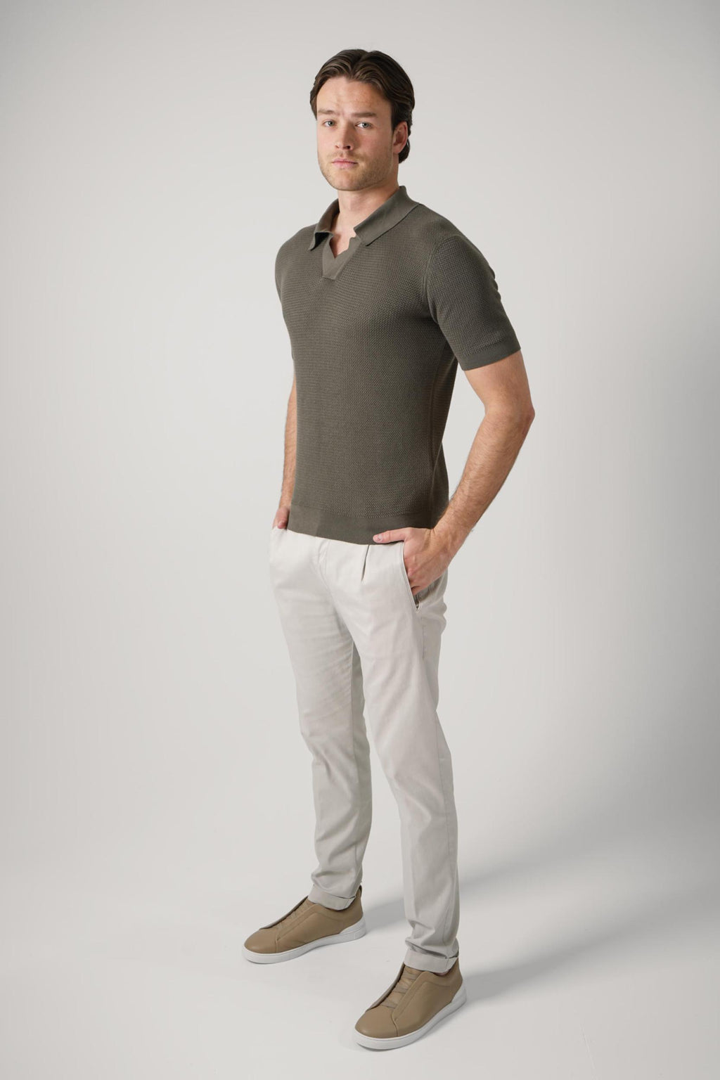 Zegna Knitted V-Neck  Polo Olive Green
